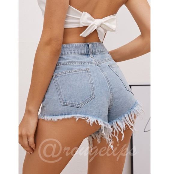 Light Wash Blue Denim Shorts Distressed Ripped High Waist Raw Hem